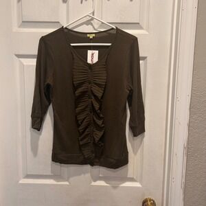 Kieran Olive Green Ruffle Front 3/4 Sleeve Button Up Cardigan Medium NWT‎